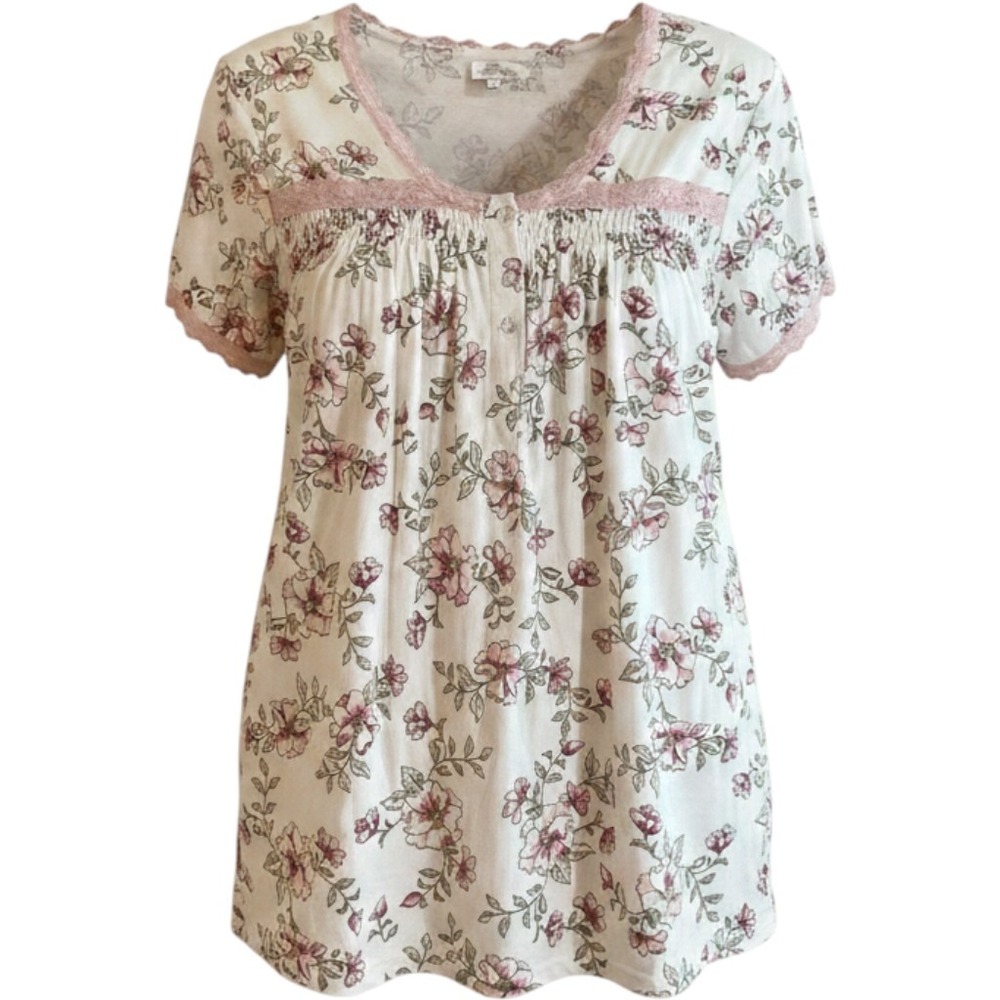 Body Touch Pajama Top Wms 2X White Pink Floral Lace Trim Sleepwear Cottagecore